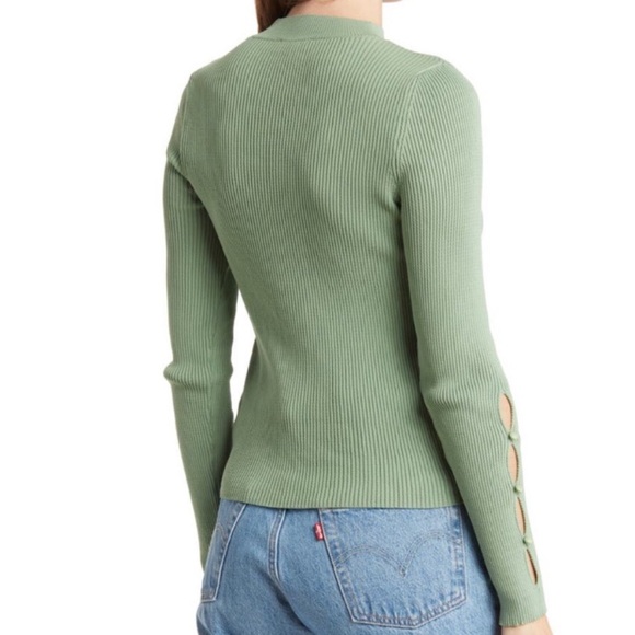 TOPSHOP Green Ribbed Cutout Long Sleeve Top - Picture 2 of 4